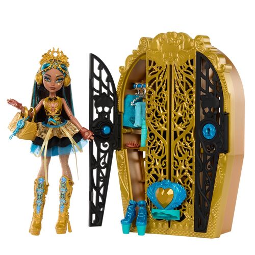 Monster High Skulltime Secrets Cleo de Nile doll + cupboard